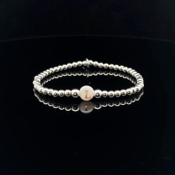 925 Sterling Silver Beaded Stretch Stacking Bracelet MOP Letter Initial L - Picture 1 of 6